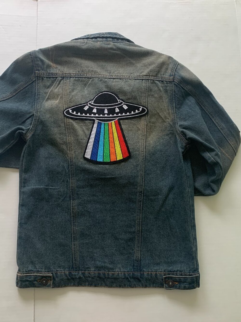 Vintage Y2K Space Denim Jacket UFO Alien Patches Pins 90s Grunge Sz XS/S